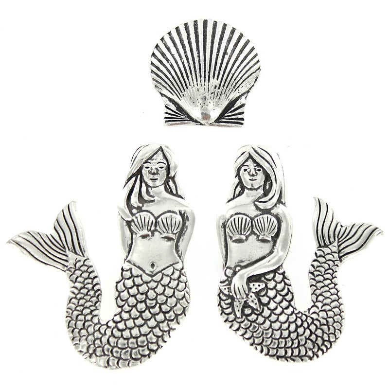 Pewter Mermaids and Scallop Seashell Magnets Set of 3